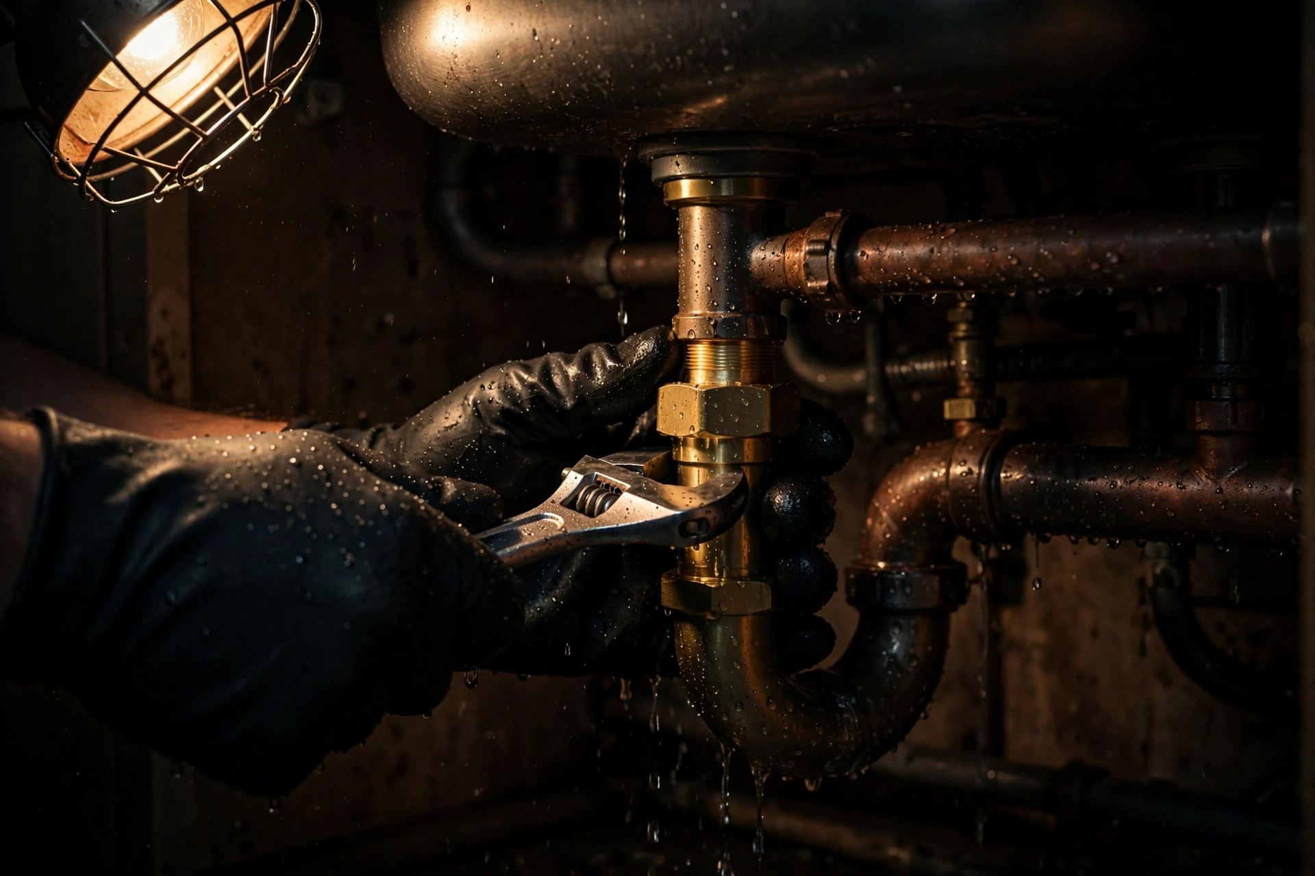 Plumber's hands tightening a fitting under a sink by work light