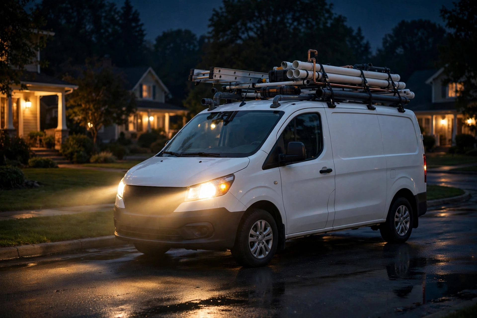 Plumbing service van on a quiet street at night with headlights on