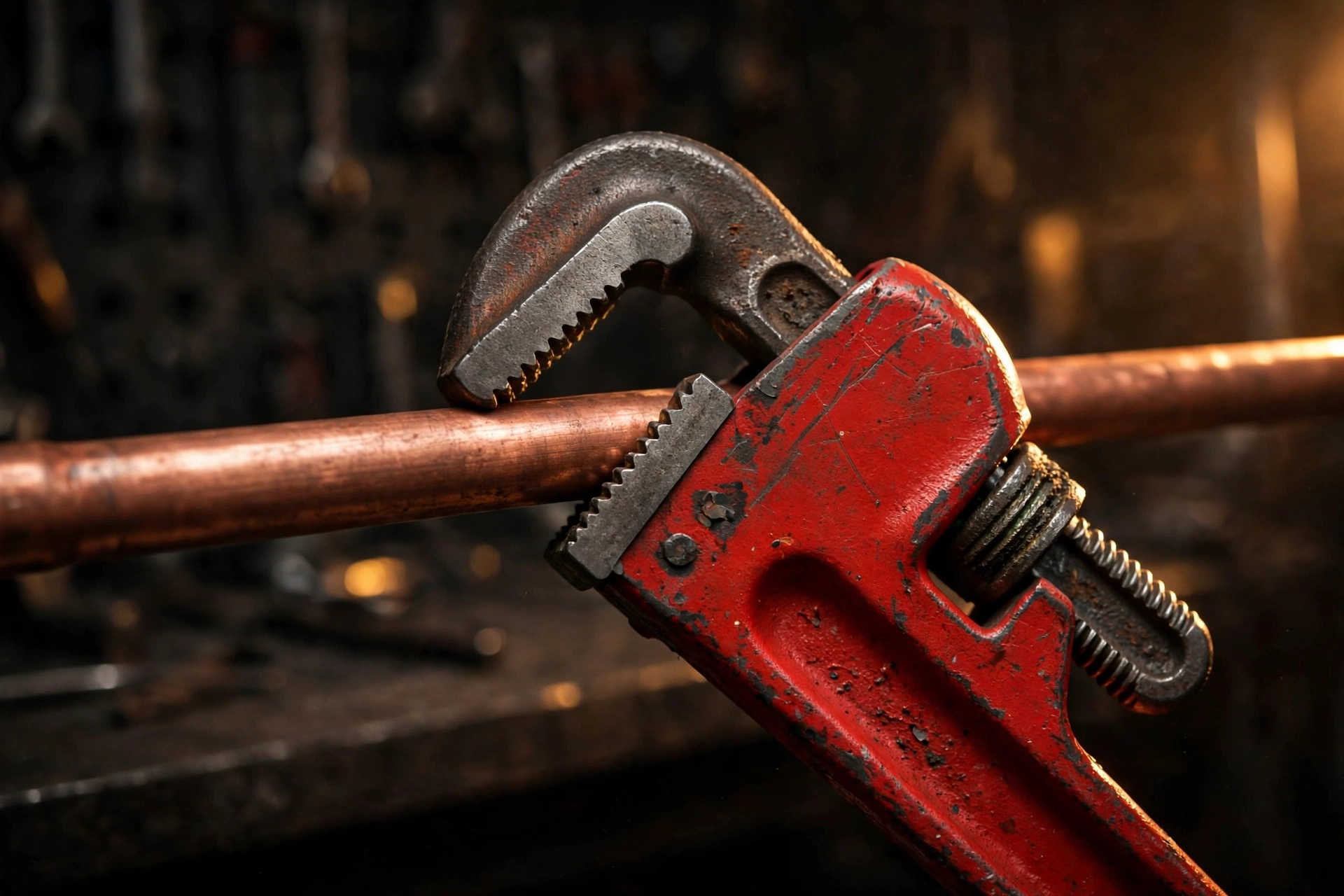 Pipe wrench gripping a copper pipe in a dark workshop